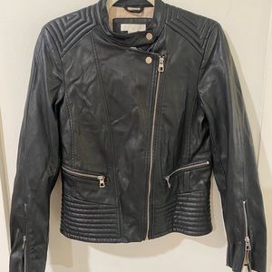 H&M Moto Jacket Black Faux Leather Collared Zip Front Pockets